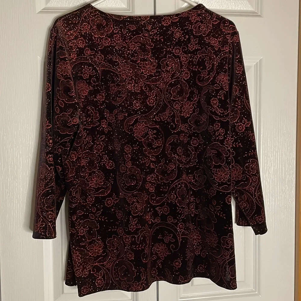 NOTATIONS Glitter Floral 3/4 Sleeve Pullover Velvet Top, Women’s L, Burgundy